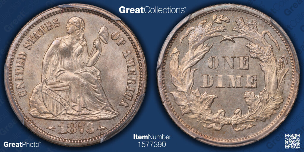 Great Collections GreatPhoto of an 1873 Liberty Seated Dime obverse with arrows and the reverse