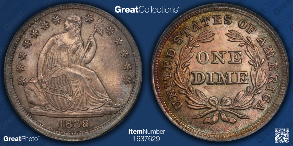 Great Collections, GreatPhoto of a 1838 Liberty Seated Dime's obverse and reverse.