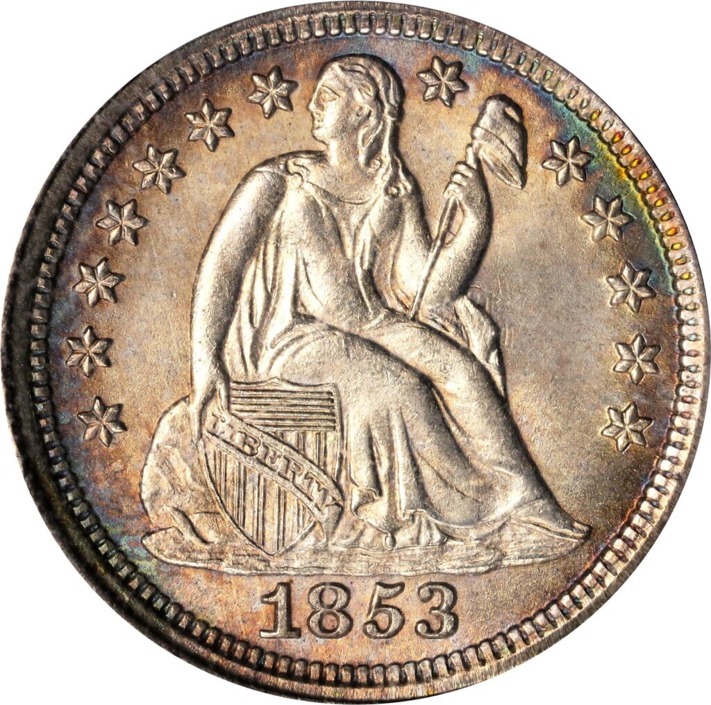 Obverse of a raw 1853 Liberty Seated Dime