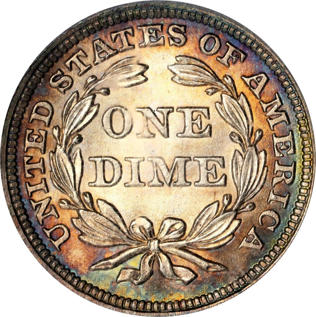 Reverse of a raw 1853 Liberty Seated Dime