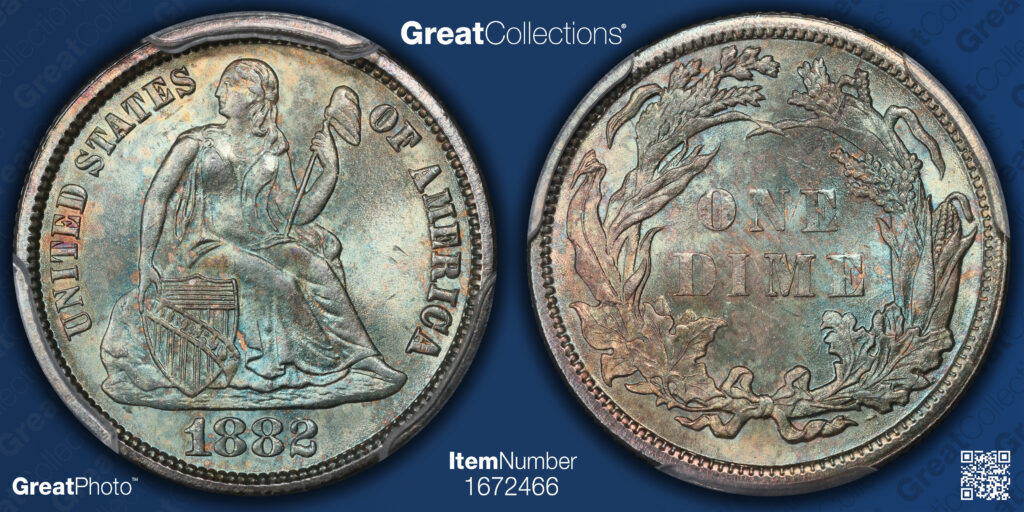 GreatCollections GreatPhoto of the obverse and reverse of an 1882 Liberty Seated dime