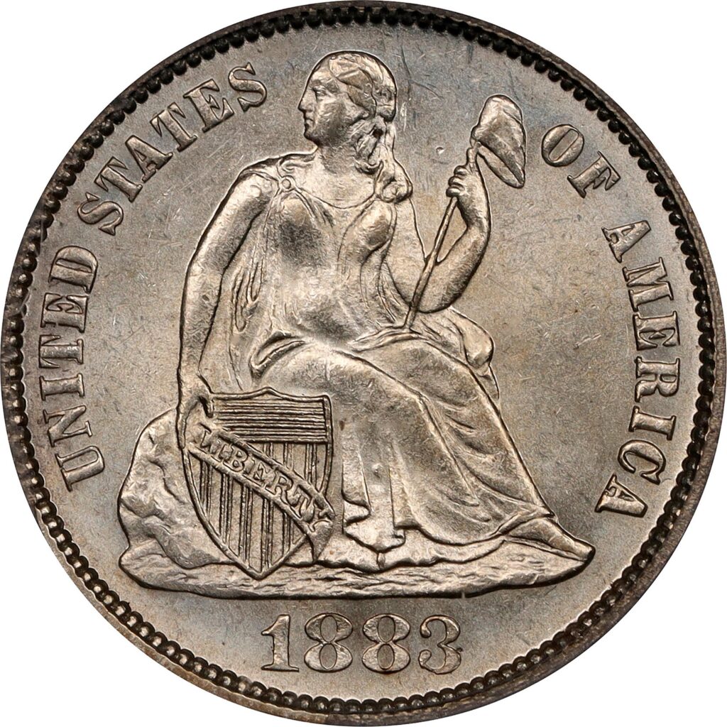 Obverse of a raw 1883 Liberty Seated Dime