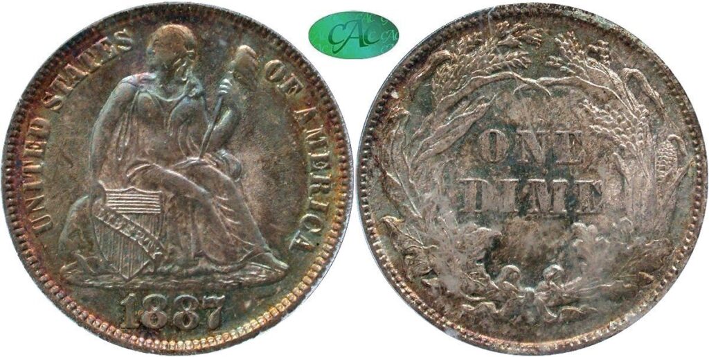 The obverse and reverse of an 1887 Liberty Seated Dime, by Gerry Fortin