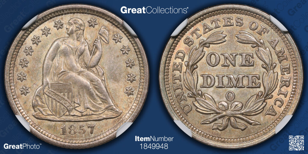 Great Collections, GreatPhoto of a 1857-O Liberty Seated Dime's obverse and reverse.