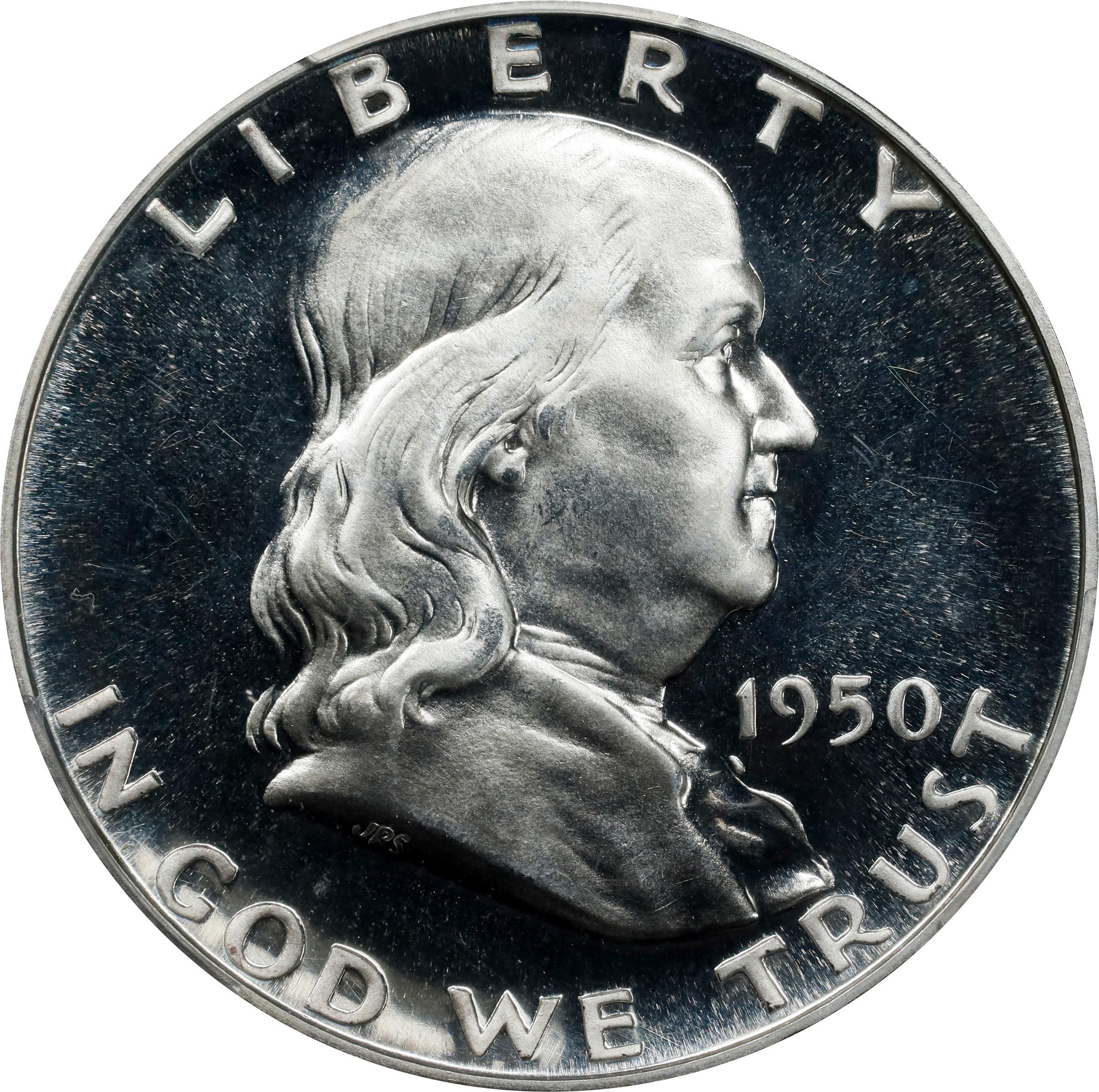 Obverse of a raw 1950 Franklin half dollar graded a proof 66