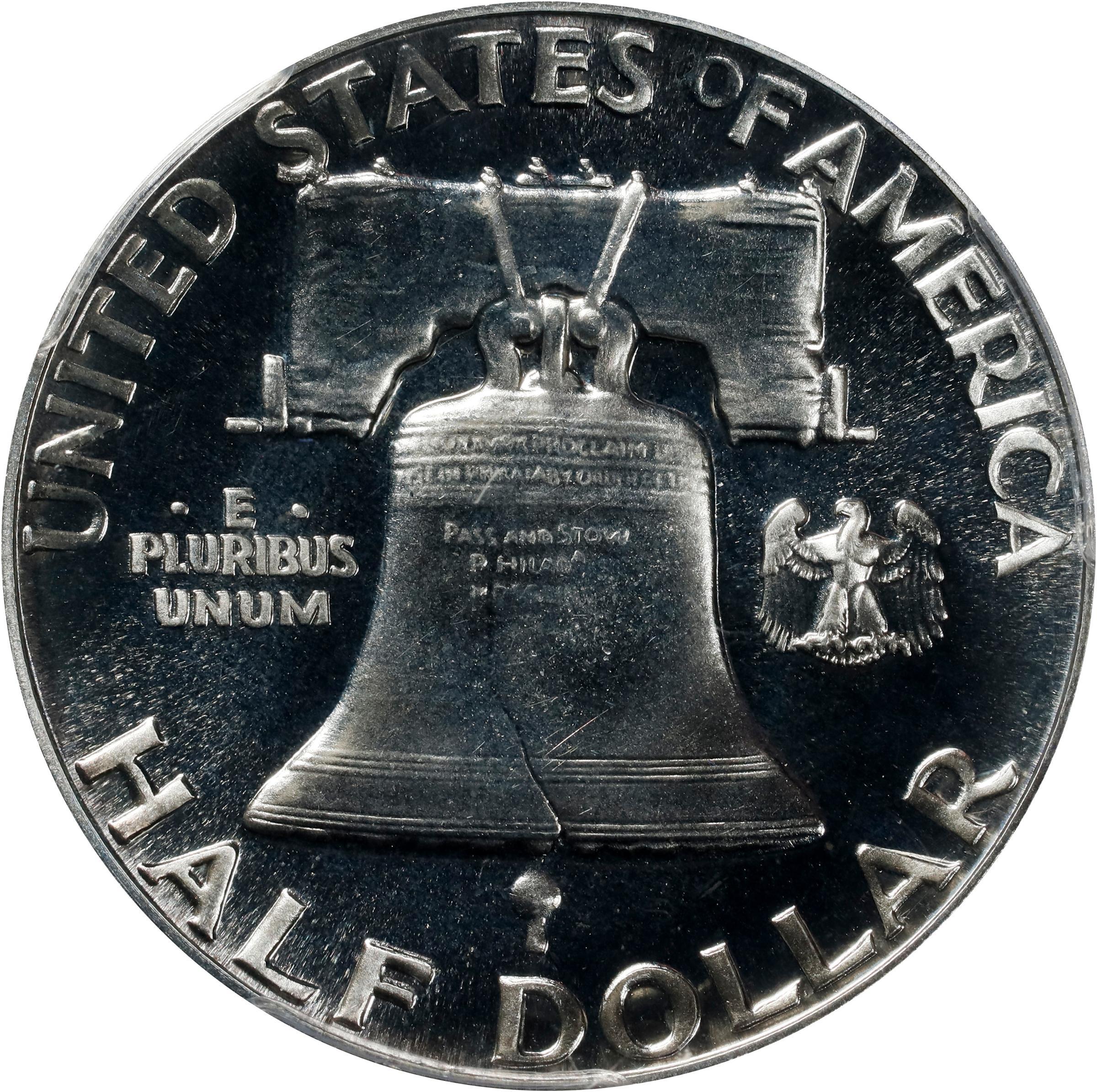 Reverse of a raw 1950 Franklin half dollar graded a proof 66
