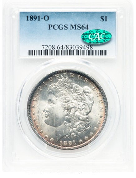 Obverse CAC slab shot of a 1891-O Morgan dollar graded an MS64