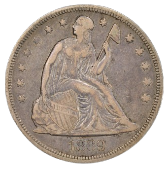 Obverse of a raw 1869 Liberty Seated dollar graded a VF25
