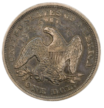Reverse of a raw 1869 Liberty Seated dollar graded a VF25