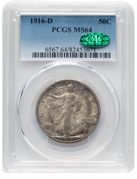 Obverse CAC slab shot of a 1916-D Walking Liberty Half Dollar graded an MS64