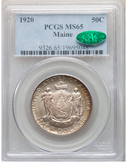 PCGS obverse slab shot of a 1920 Maine Commemorative half dollar graded a mint state 65, approved by CAC.