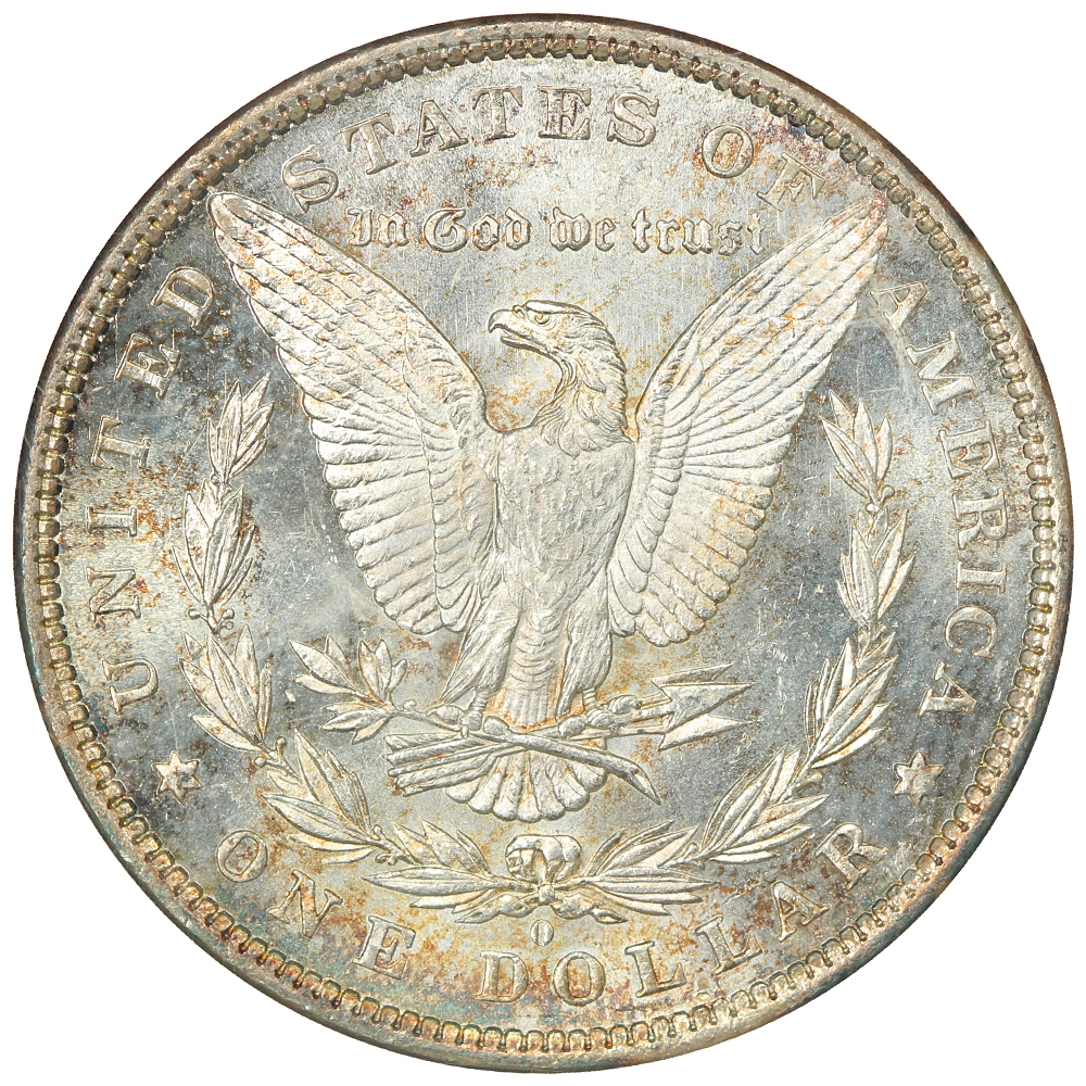 The reverse of a raw 1881-O Morgan dollar graded a mint state 64 deep-mirror-proof-like