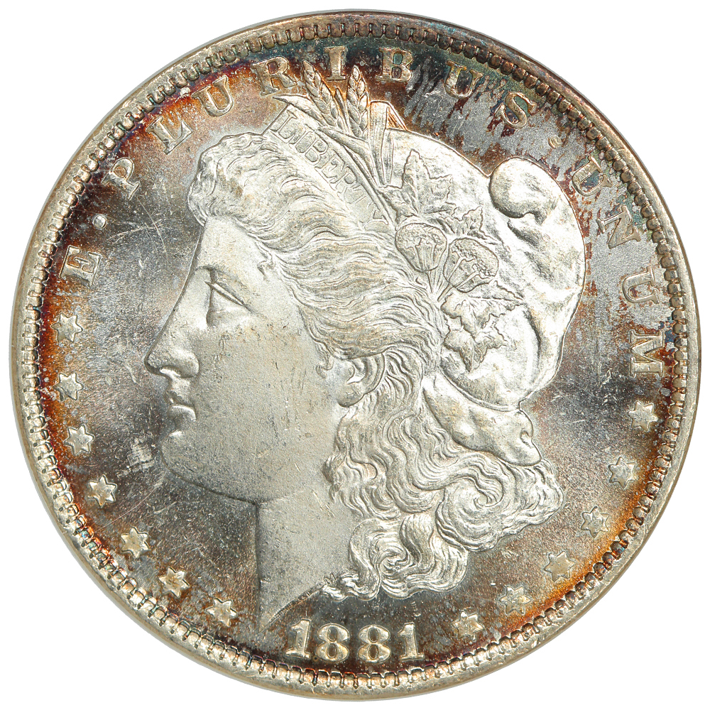 The obverse of a raw 1881-O Morgan dollar graded a mint state 64 deep-mirror-proof-like