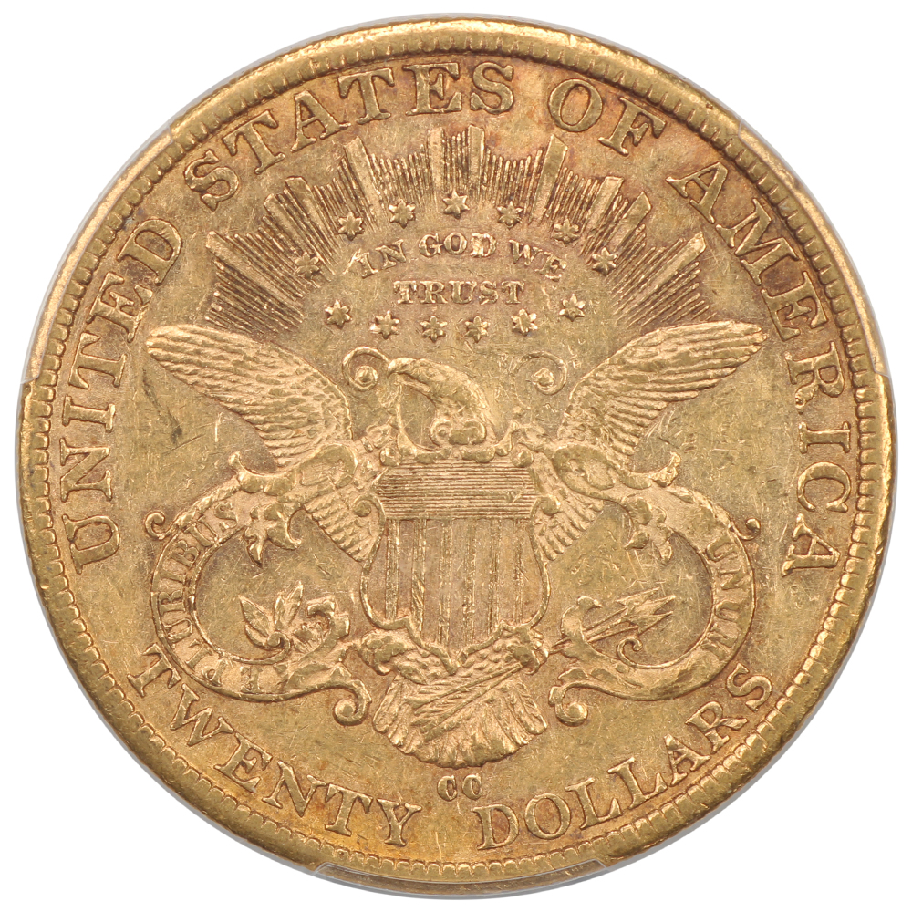 The reverse of a raw 1882-CC Liberty $20 Gold graded about uncirculated 50.