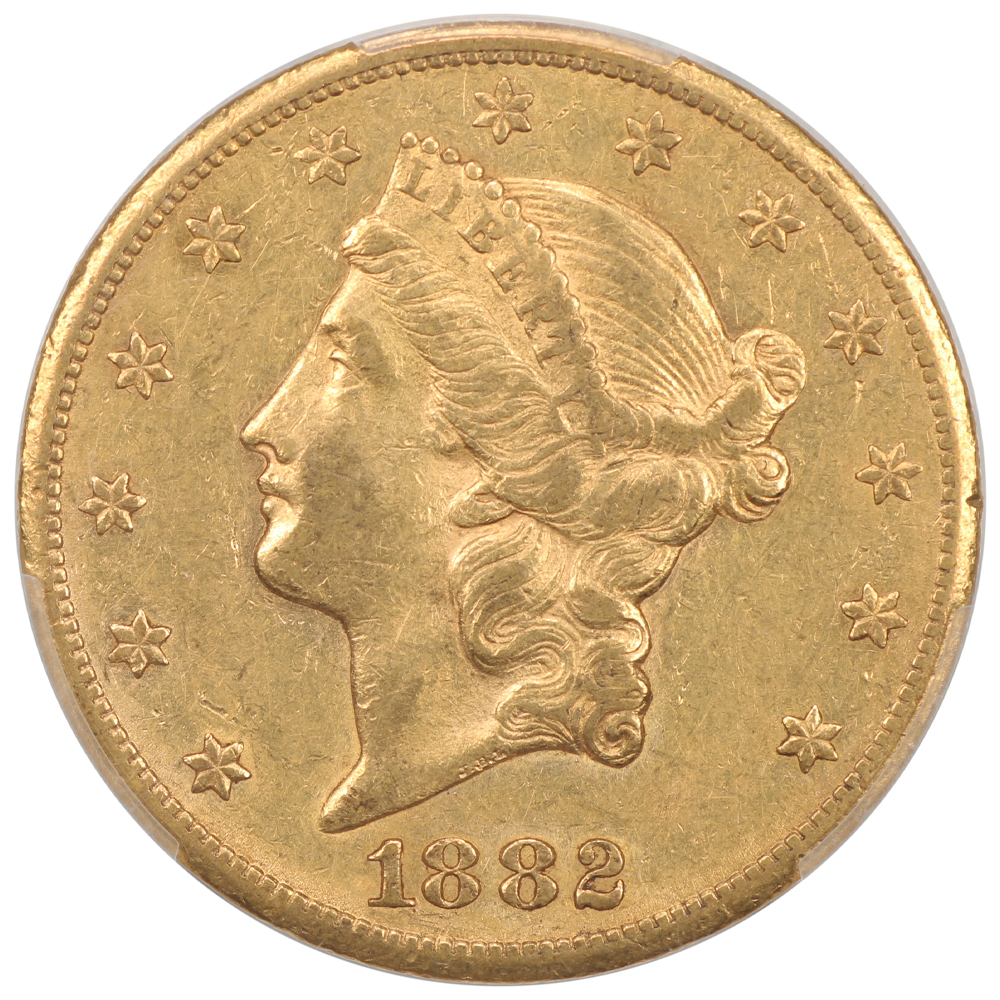 The obverse of a raw 1882-CC Liberty $20 Gold graded about uncirculated 50.