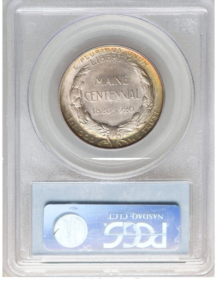 PCGS reverse slab shot of a 1920 Maine Commemorative half dollar graded a mint state 65, approved by CAC.