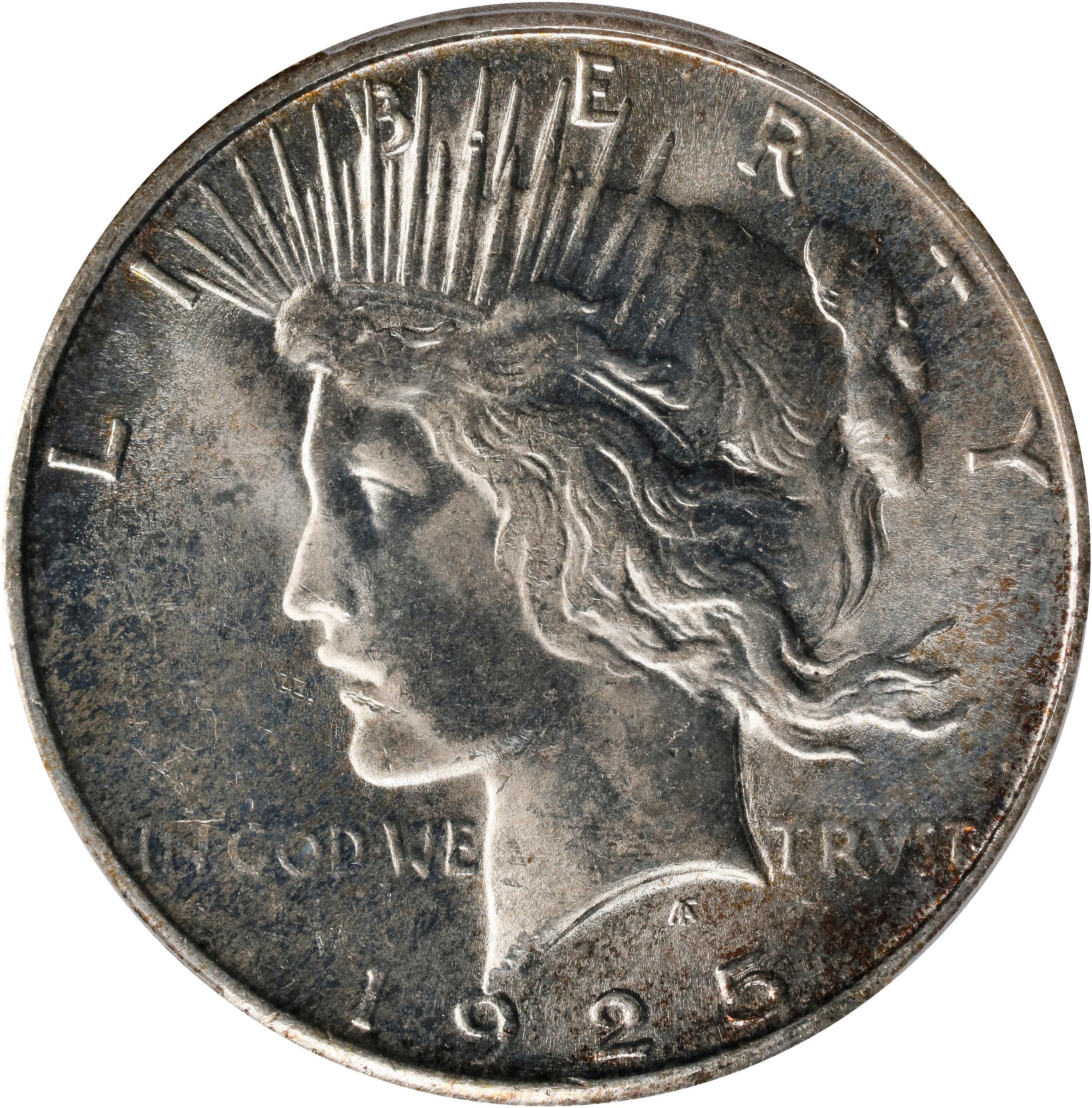 The obverse of a raw 1925-S Peace dollar graded a mint state 64
