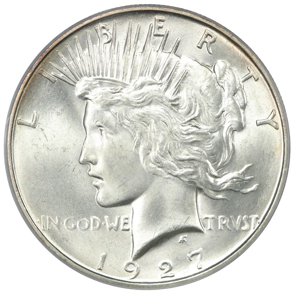 The obverse of a raw 1927-D Peace dollar graded a Mint State 65