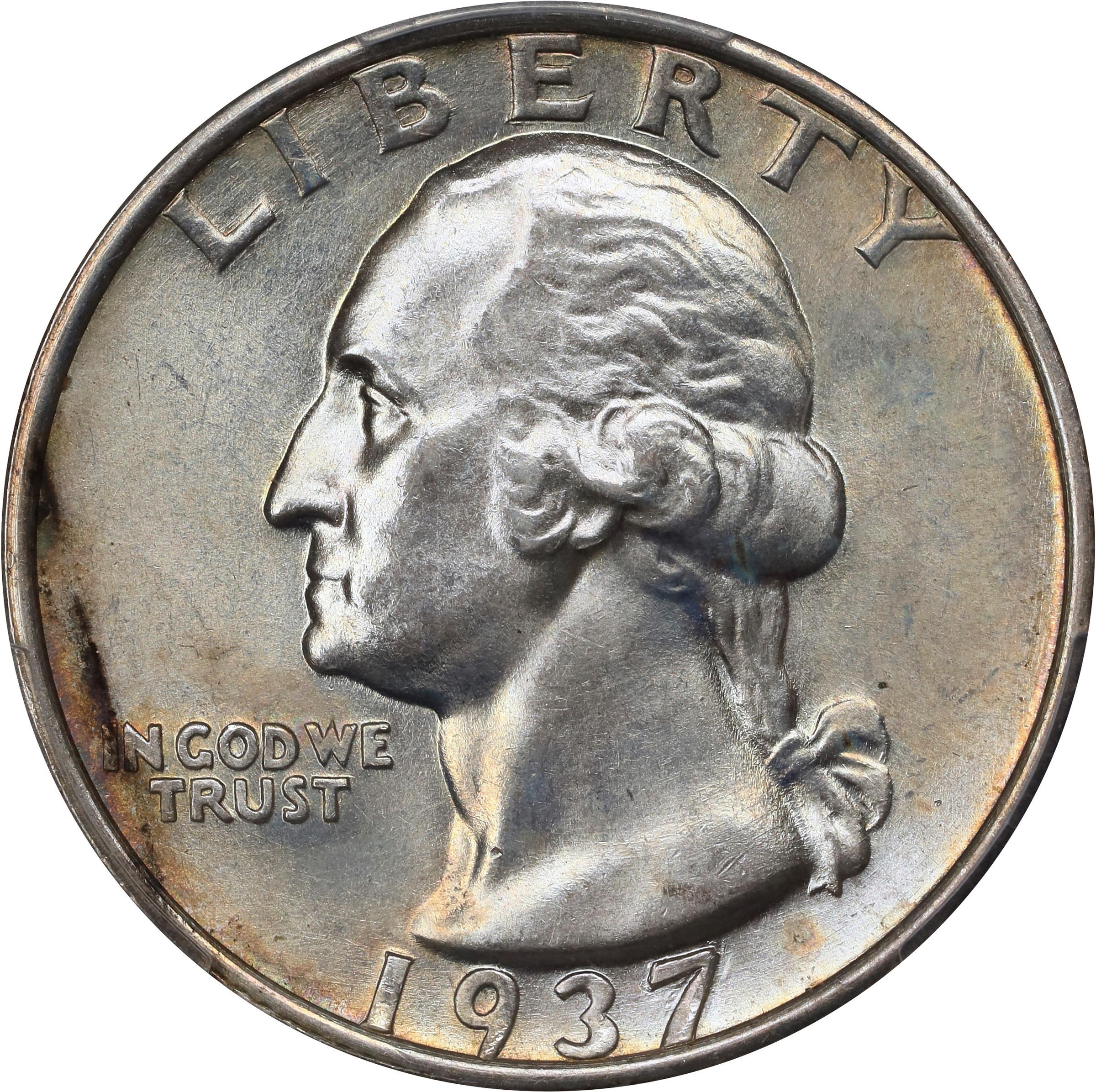 The obverse of a raw 1937-S Washington quarter graded a mint state 67