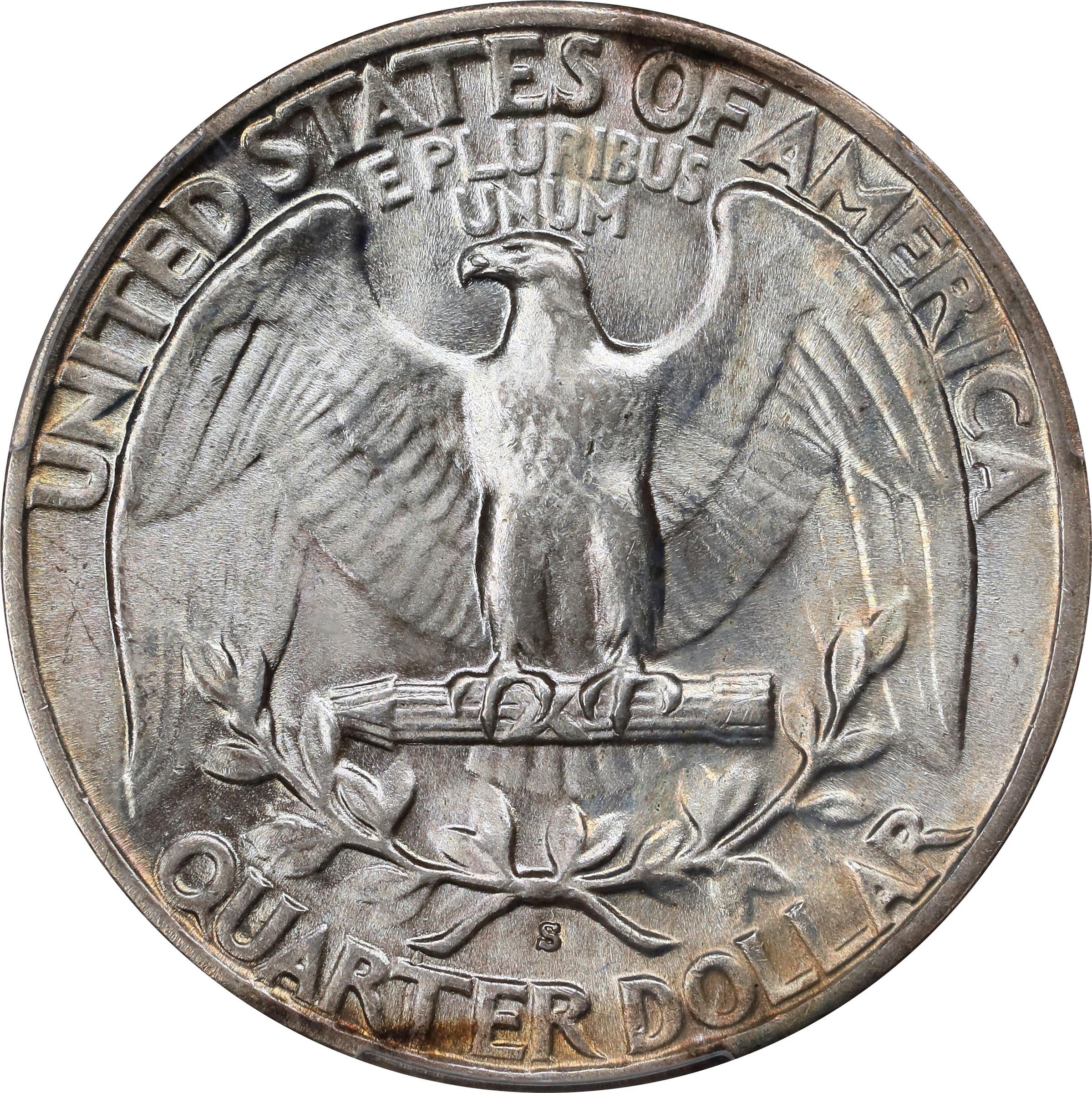 The reverse of a raw 1937-S Washington quarter graded a mint state 67
