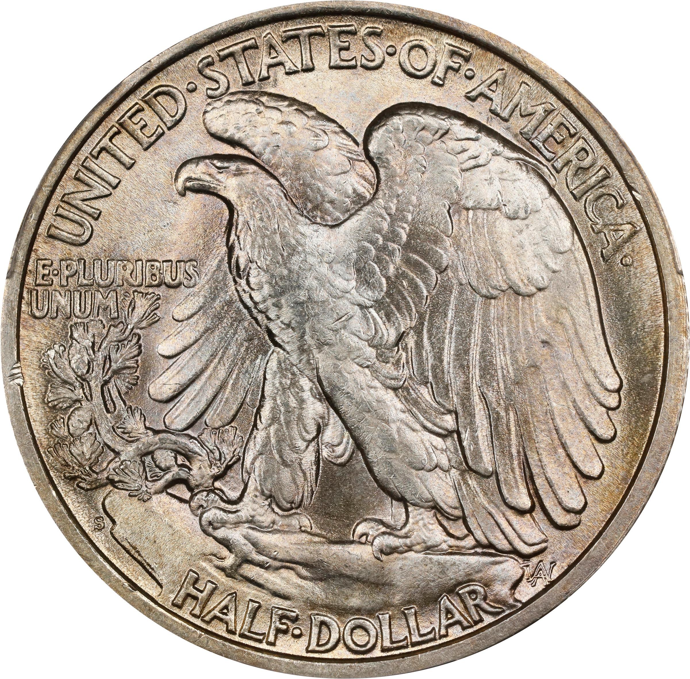 The reverse of a raw 1941 Walking Liberty half dollar graded a mint state 66