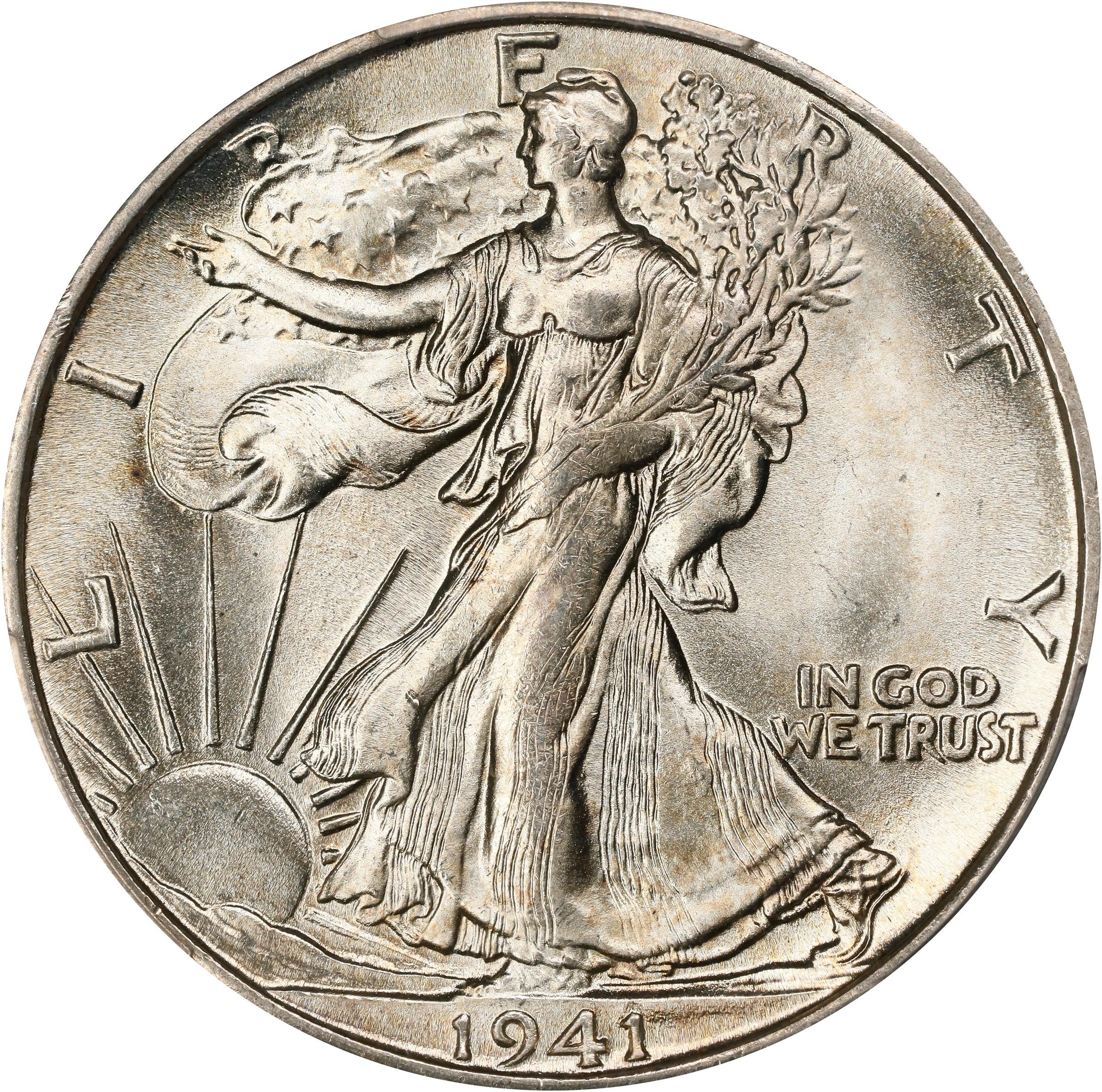 The obverse of a raw 1941 Walking Liberty half dollar graded a mint state 66