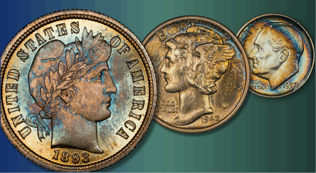 obverse of barber, mercury, and roosevelt dimes