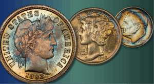 obverse of barber, mercury, and roosevelt dimes