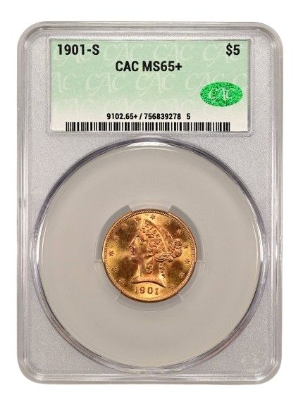 CAC Obverse slab shot of a 1901-S Liberty Head gold $5 graded a Mint State 65 plus