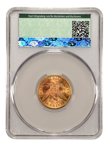 CAC reverse slab shot of a 1901-S Liberty Head gold $5 graded a Mint State 65 plus