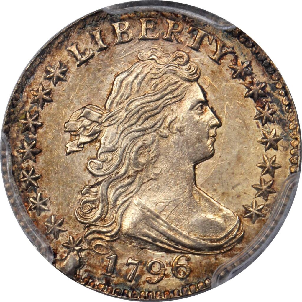 The obverse of a raw 1796 Draped Bust Dime