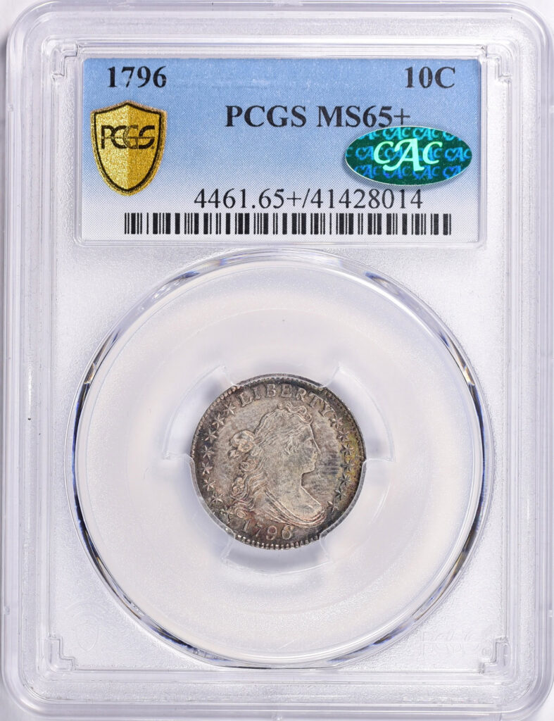 PCGS obverse slab shot of a 1796 bust dime graded an MS65+, CAC Approved