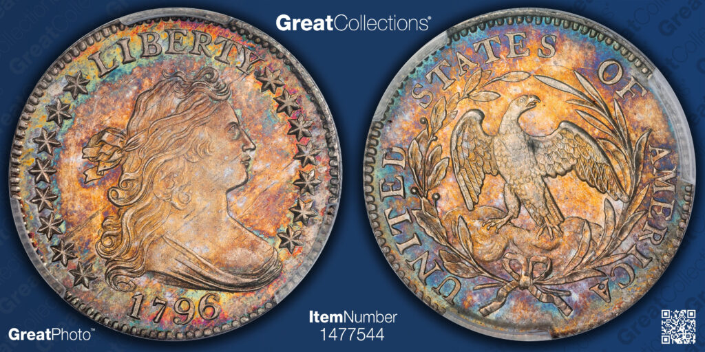 GreatCollections GreatPhoto of a 1796 Bust Dime's obverse and reverse.
