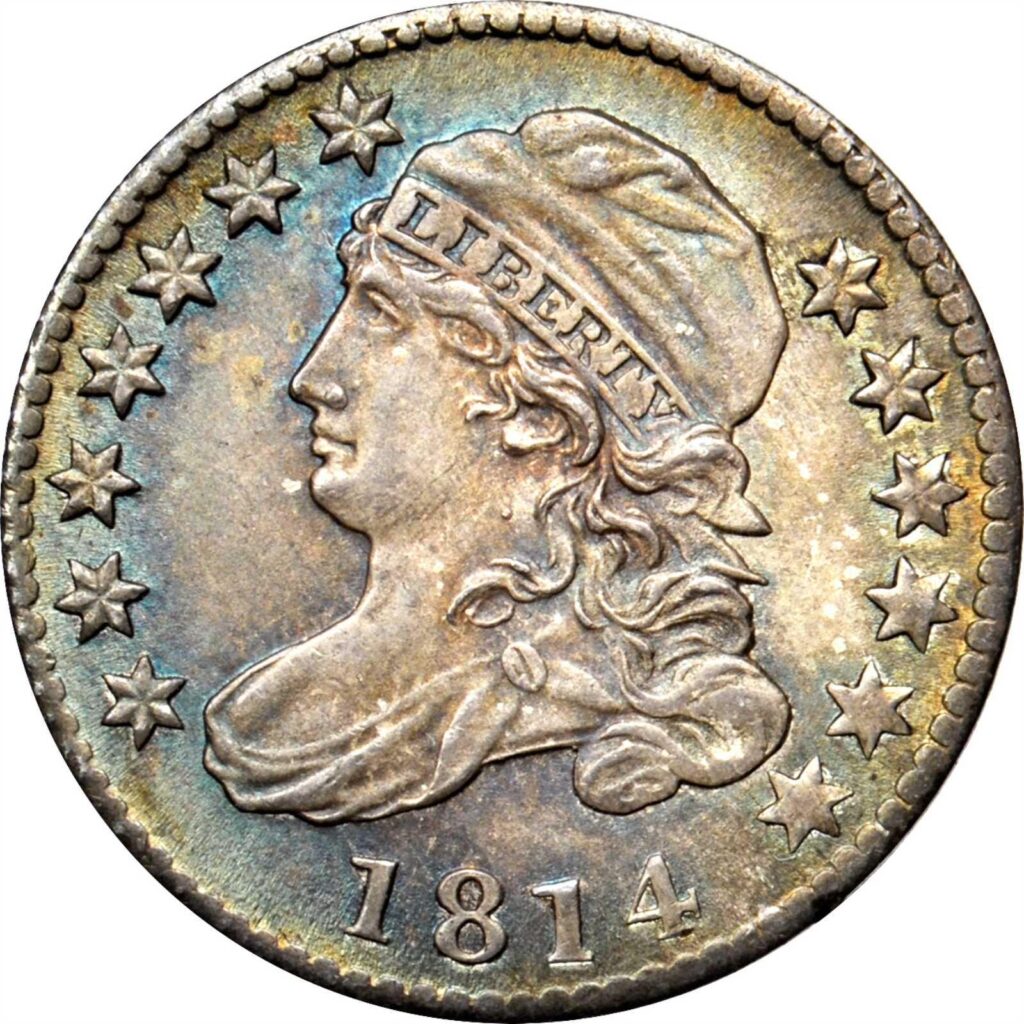 The obverse of a raw 1814 Capped Bust Dime, Large Date