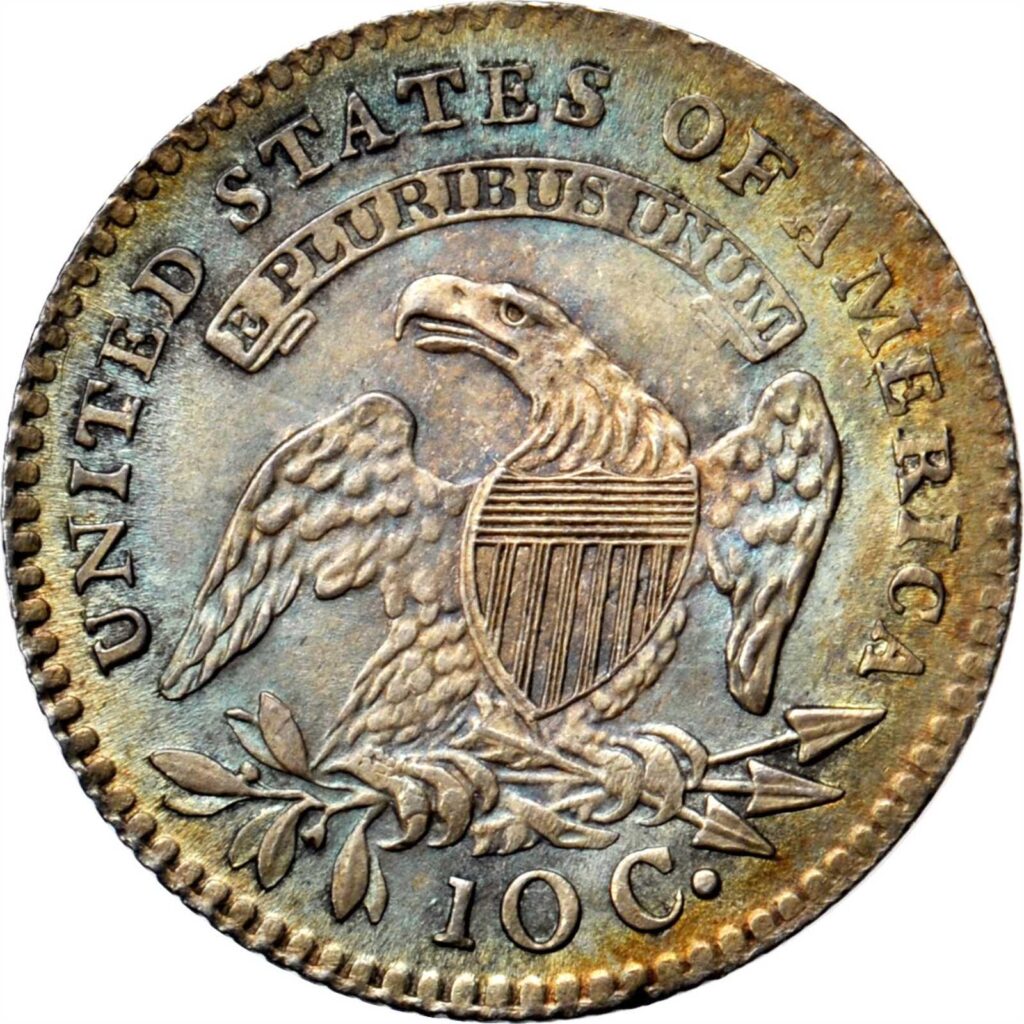 The reverse of a raw 1814 Capped Bust Dime, Large Date