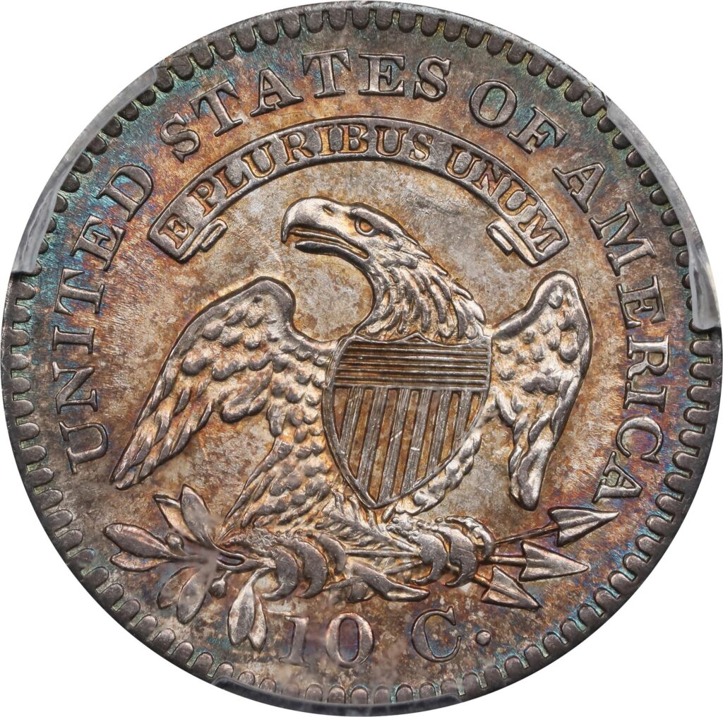 The reverse of a raw 1821 Capped Bust Dime