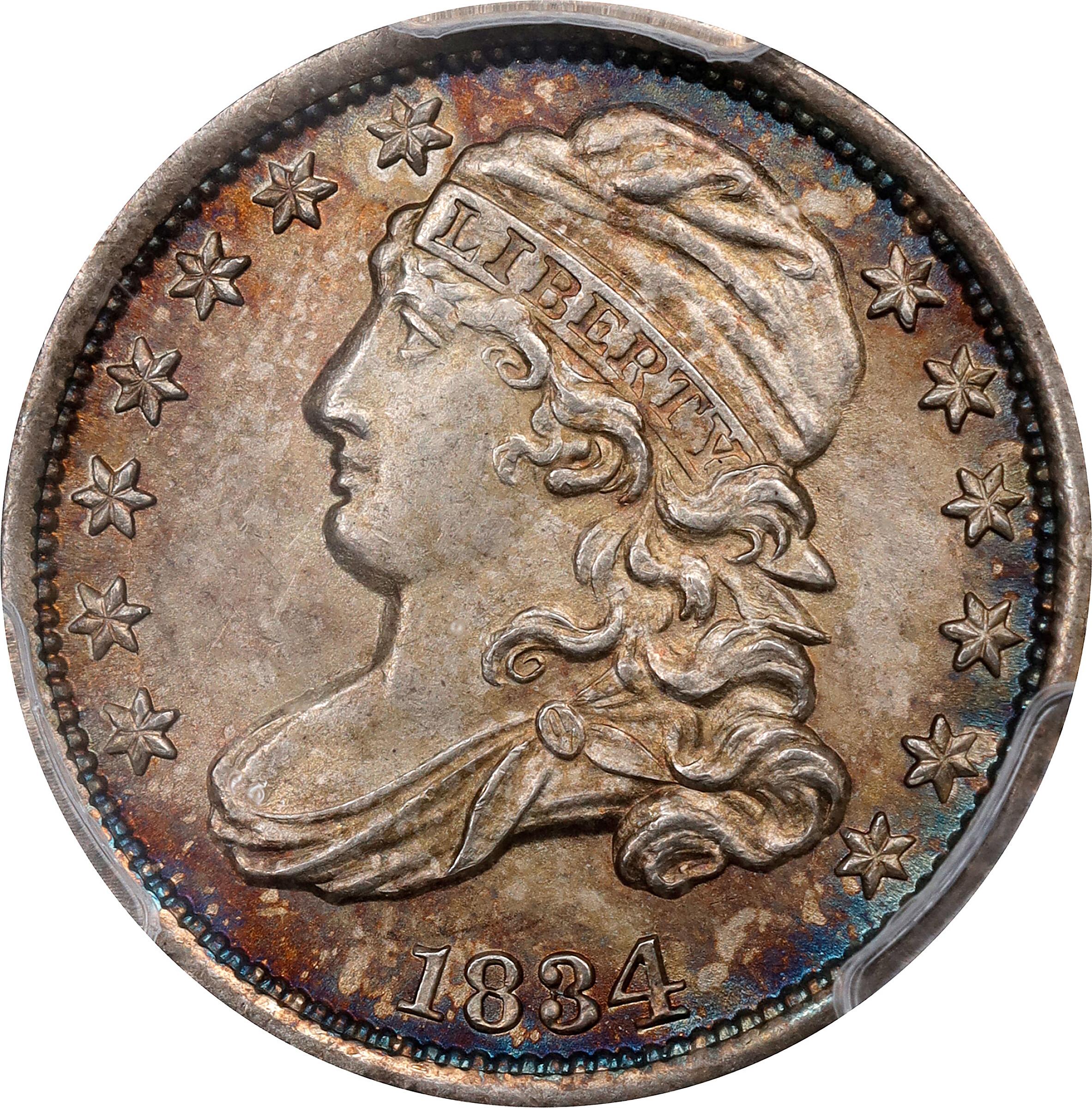 The obverse of a raw 1834 Kneass Capped Bust Dime