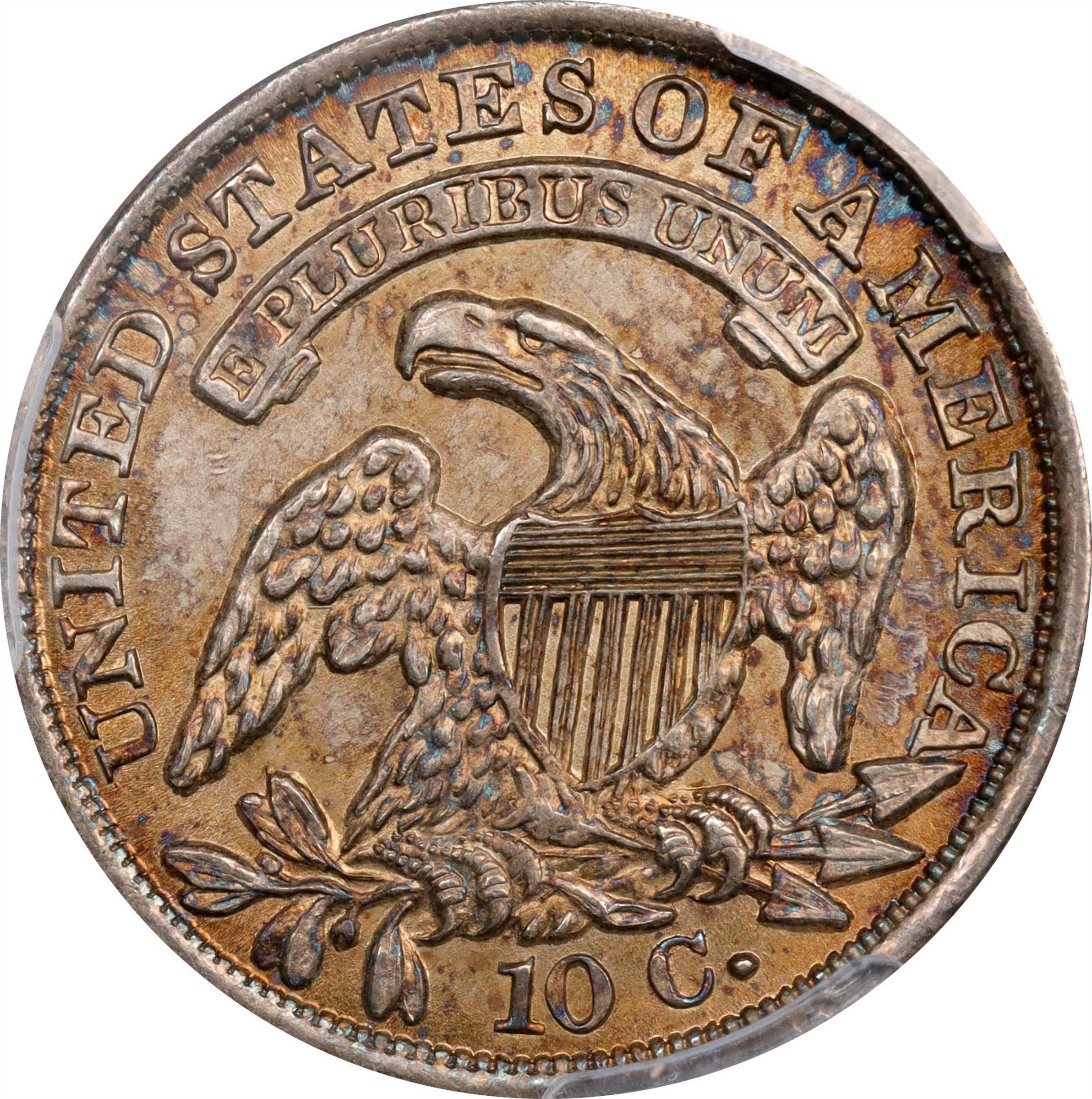 The reverse of a raw 1834 Kneass Capped Bust Dime