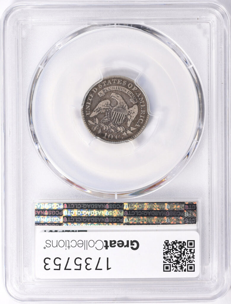 PCGS reverse slab shot of a 1827 Capped Bust dime graded an F12, approved by CAC.
