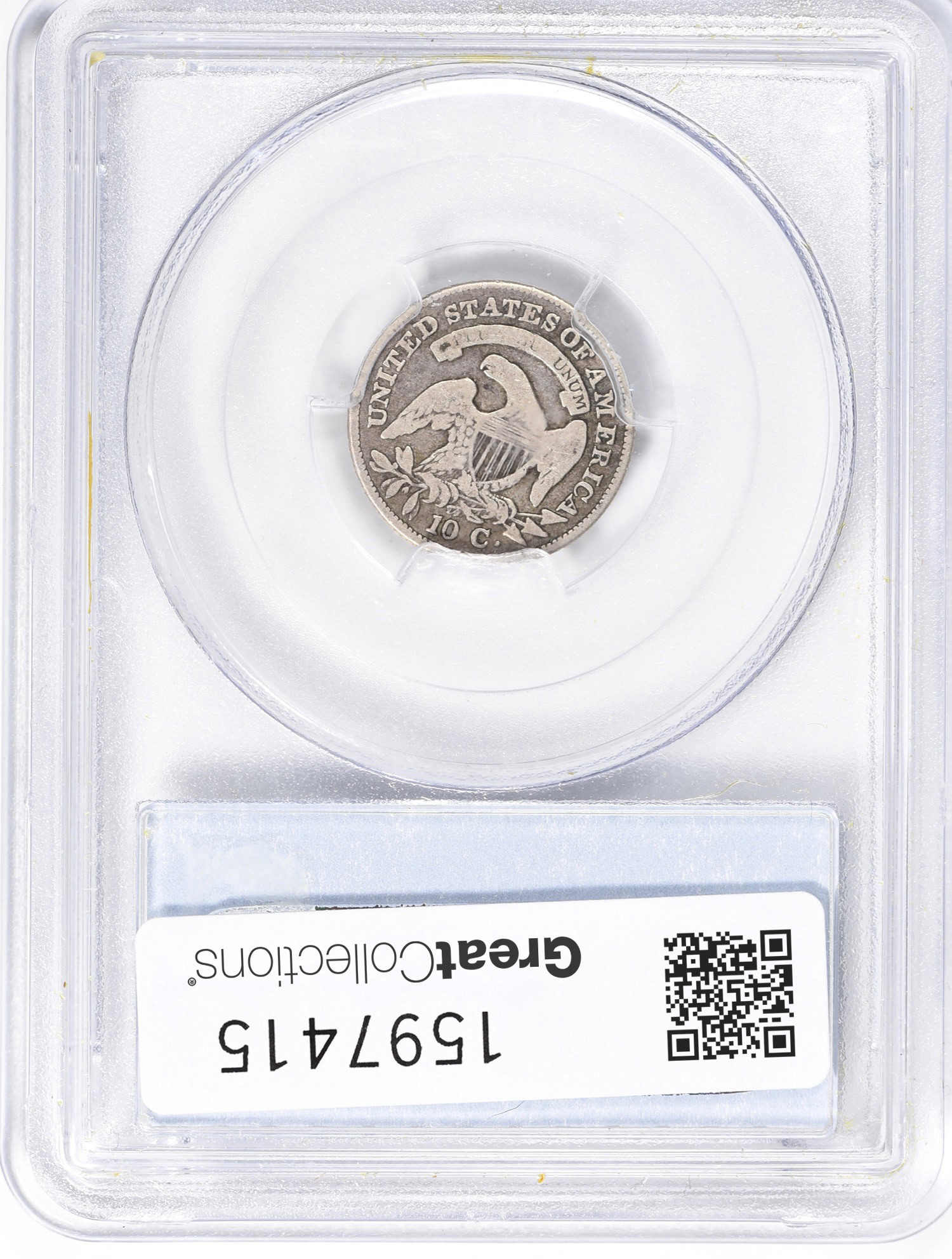 PCGS reverse slab shot of a 1831 Capped Bust Dime graded a fine 12, approved by CAC