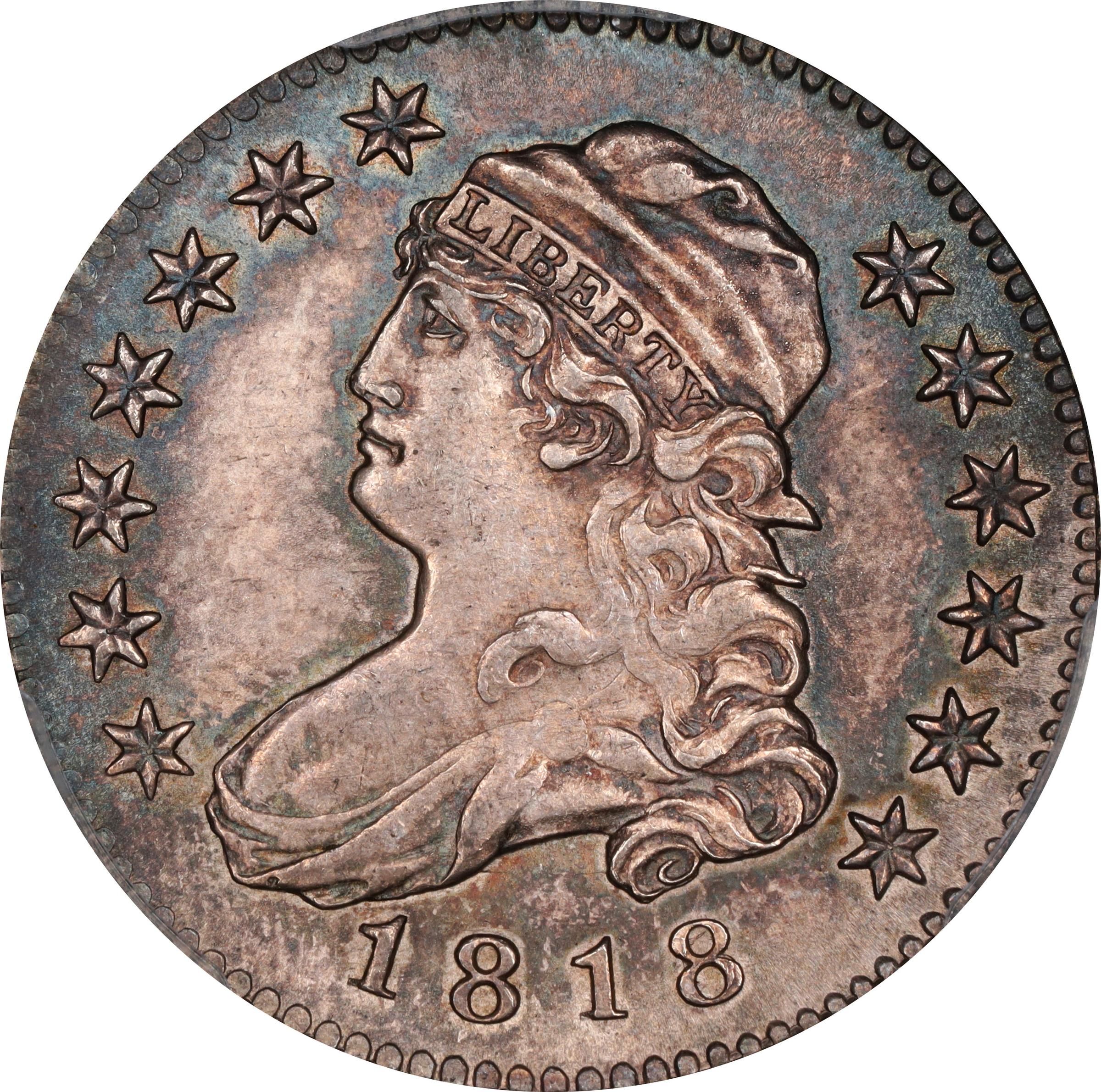 The obverse of a raw 1818/5 Capped Bust quarter
