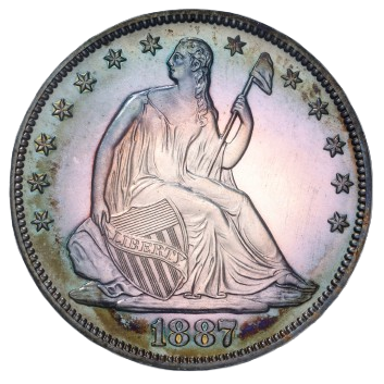 The obverse of a raw 1941 Walking Liberty half dollar with beautiful toning