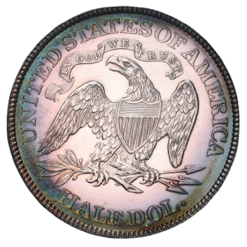 The reverse of a raw 1941 Walking Liberty half dollar with beautiful toning