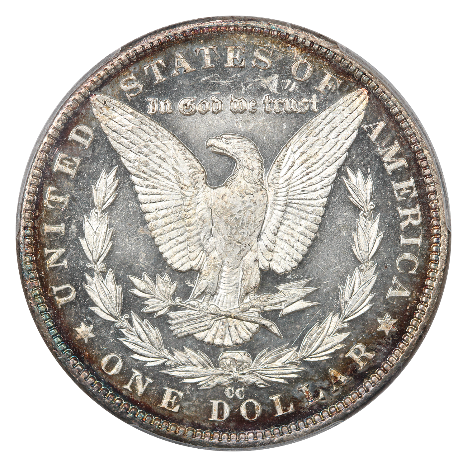 The reverse of a raw 1890-CC Morgan dollar