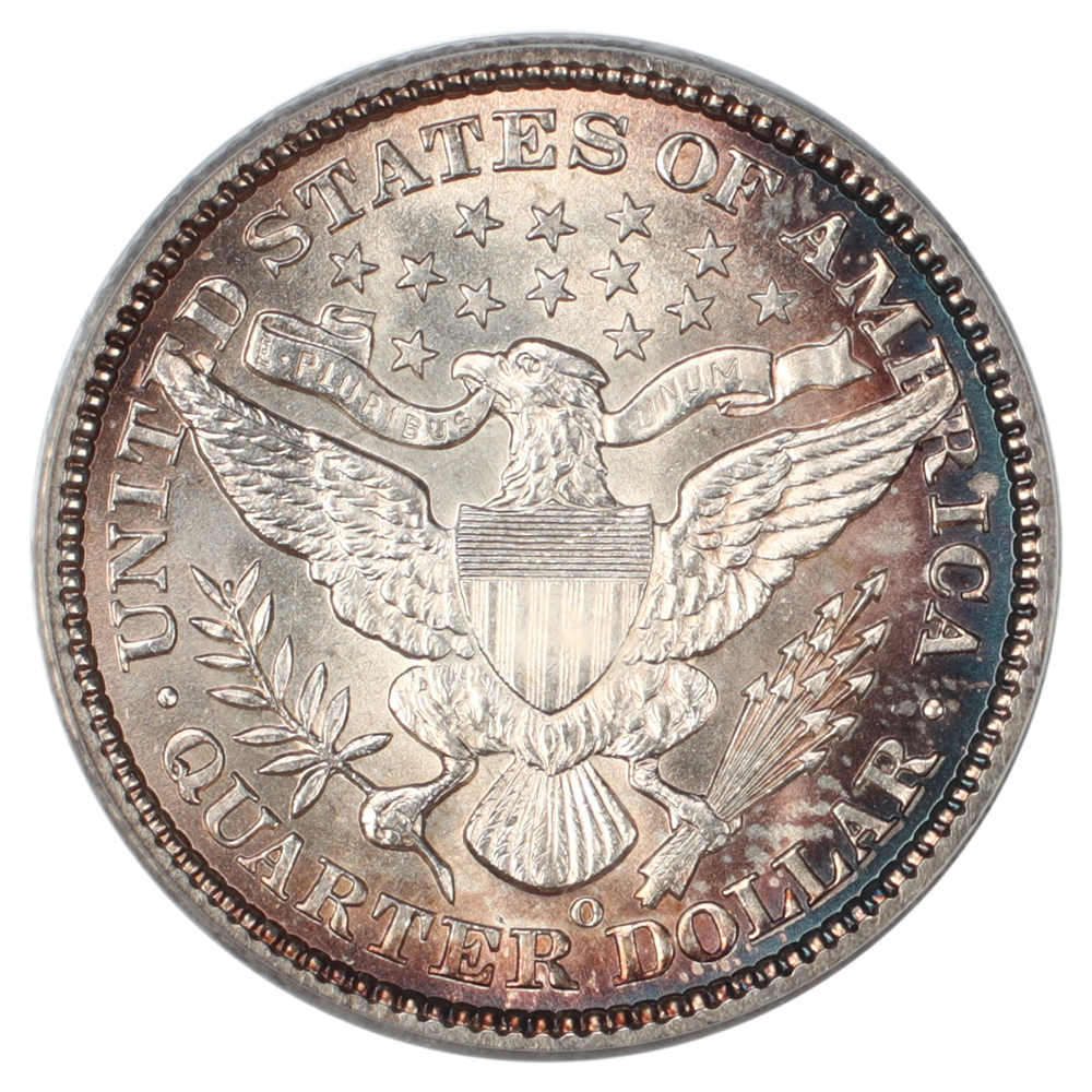 The reverse of a raw 1896-O Barber quarter