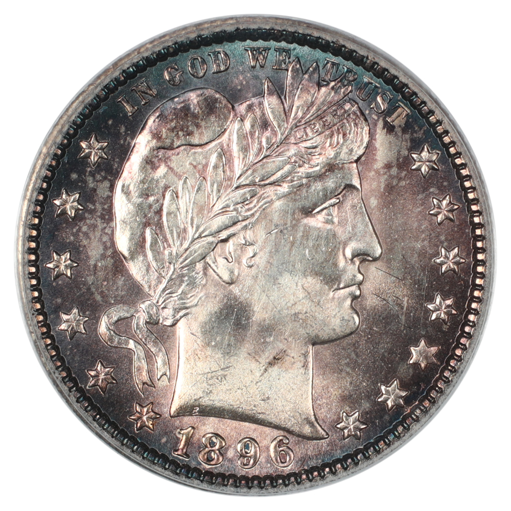 The obverse of a raw 1896-O Barber quarter