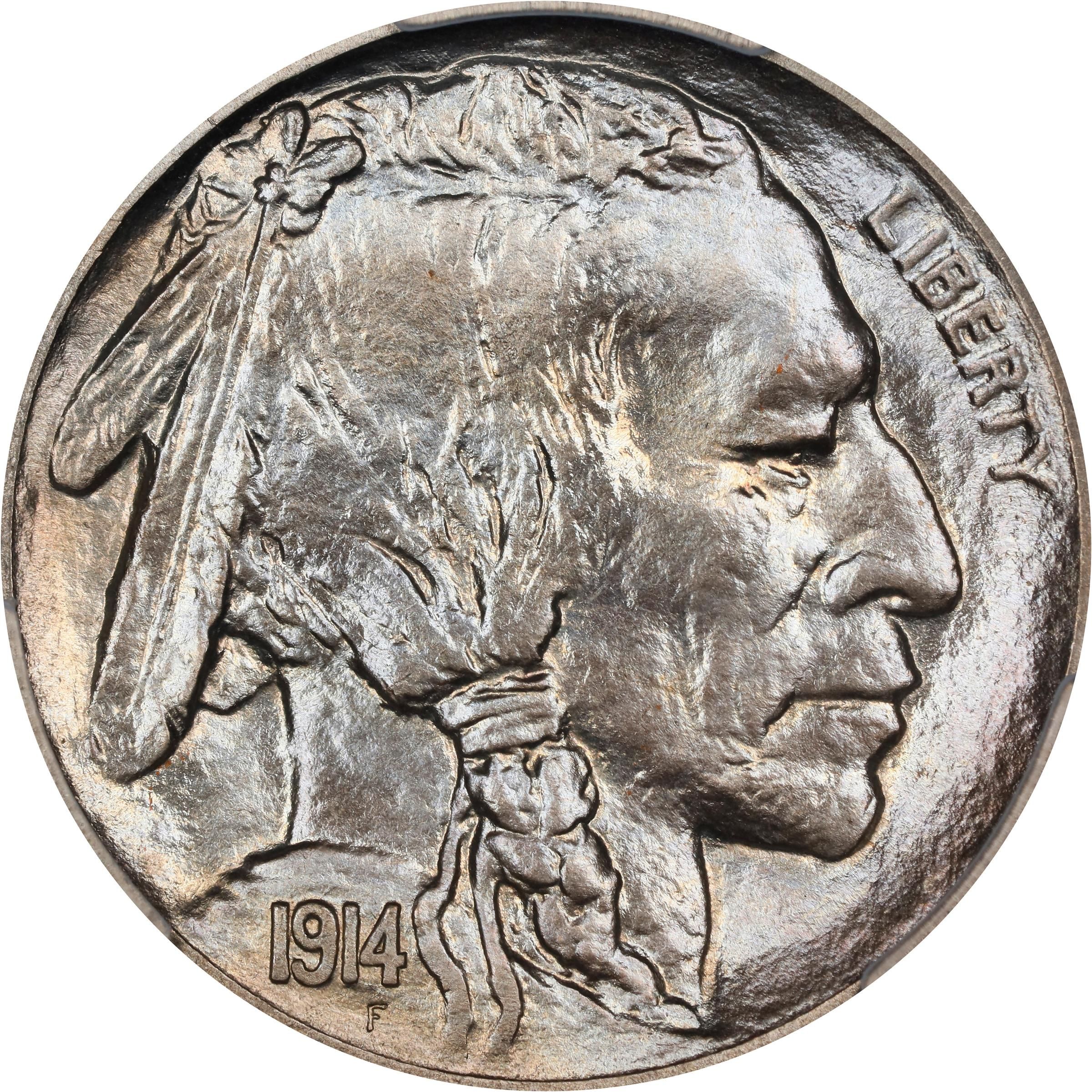 The obverse of a raw 1914 Buffalo nickel