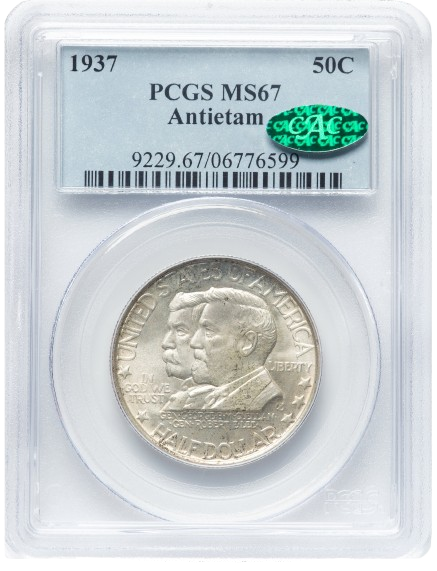 PCGS obverse slab shot of a 1937 Antietam half dollar graded an MS67, CAC-Approved