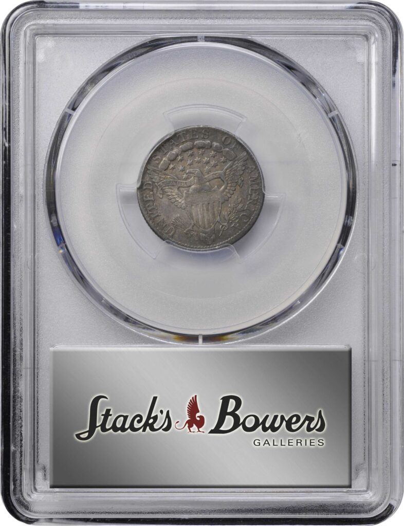 PCGS Reverse slab shot of a 1800 Draped Bust Dime graded an AU50 and CAC-Approved.