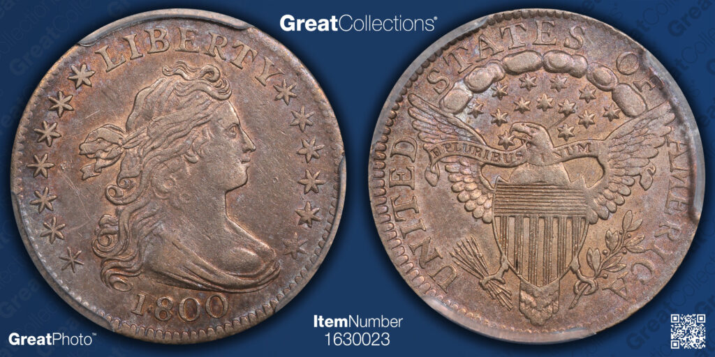 GreatCollections Great Photo of the obverse and reverse of a 1800 Draped Bust Dime.
